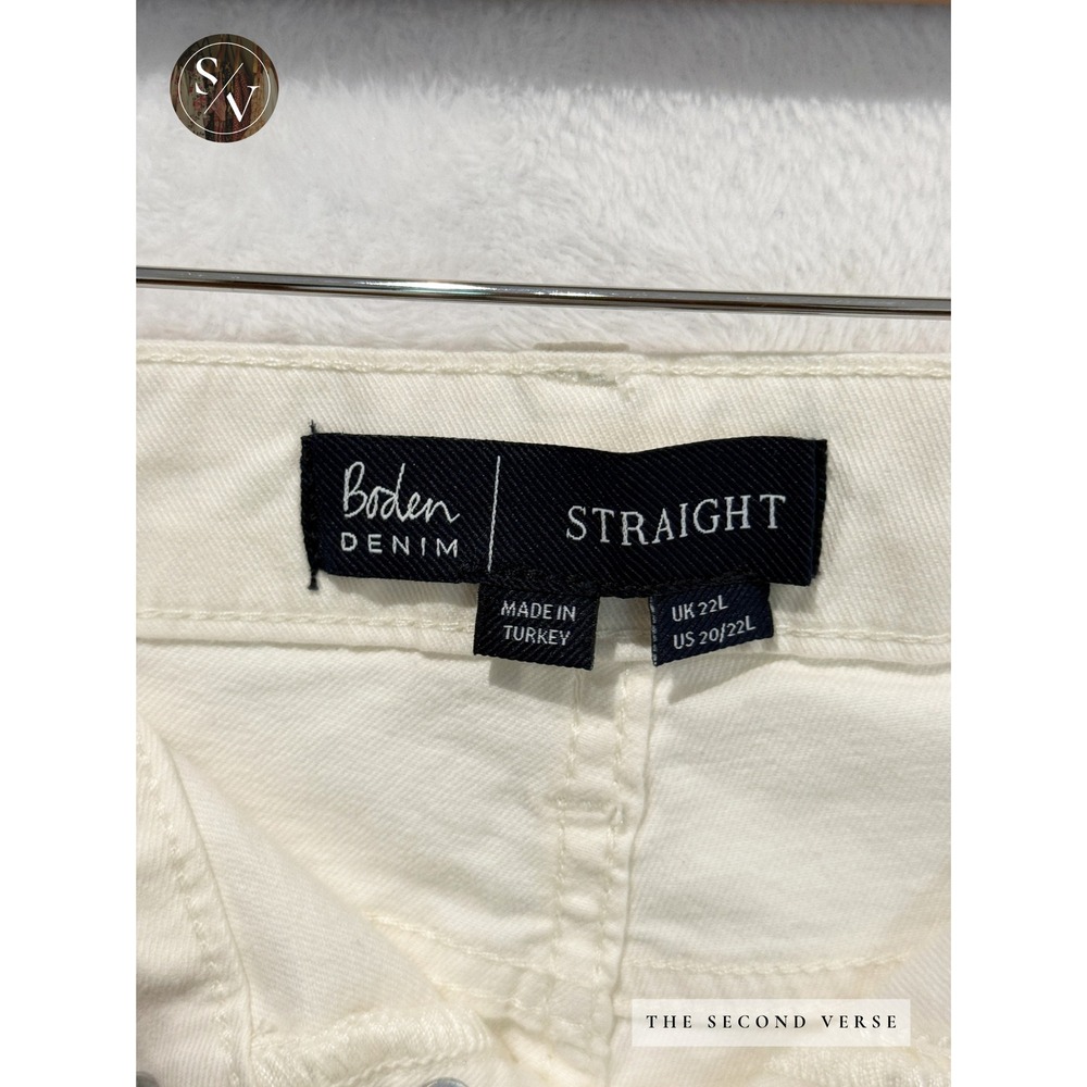 Boden Denim Straight Leg Pants Women Boho Embroidered Raw Hem Cream Size 22 Long - Picture 9 of 13